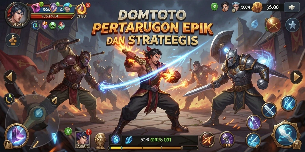 Screenshot gameplay DOMTOTO menampilkan pertarungan intens dan karakter dinamis.