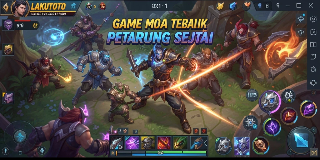 Screenshot gameplay LAKUTOTO menampilkan pertempuran seru antara dua tim.