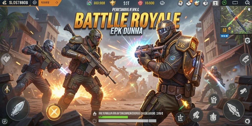 Screenshot SLOST8808 menampilkan aksi intens di dunia Battle Royale.